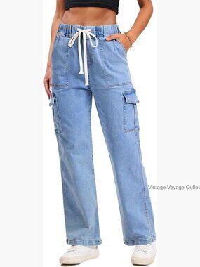 Stretchy Cargo Jeans Women Wide Leg Drawstring Denim Pants 6 Pockets